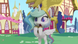 Size: 1920x1080 | Tagged: safe, screencap, princess celestia, alicorn, pony, g4.5, my little pony: stop motion short, the great race (short), bipedal, crown, female, gasp, hooves together, hooves up, jewelry, mare, ponyville, regalia, shocked, solo, stop motion, wings