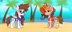 Size: 4500x2000 | Tagged: safe, artist:mjsw, oc, oc only, oc:majuvelliy, oc:serenade sky, pegasus, pony, unicorn, beach, clothes, duo, female, food, ice cream, magic, mare, mlem, silly, sketch, swimsuit, tongue out