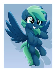 Size: 800x1033 | Tagged: safe, artist:jhayarr23, oc, oc only, oc:emerald, pegasus, pony, blue background, border, butt fluff, chest fluff, cute, female, flying, grin, leg fluff, mare, ocbetes, passepartout, shadow, simple background, smiling, solo, spread wings, squee, wings