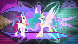 Size: 3840x2160 | Tagged: safe, artist:kopcap94, artist:laszlvfx, artist:virenth, edit, princess celestia, queen novo, alicorn, classical hippogriff, hippogriff, pony, g4, my little pony: the movie, 4k, abstract background, duo, duo female, female, high res, mare, open mouth, open smile, smiling, spread wings, wallpaper, wallpaper edit, wings