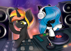 Size: 5787x4224 | Tagged: safe, artist:janelearts, oc, oc only, earth pony, pony, unicorn, absurd resolution, female, headphones, male, mare, stallion, turntable