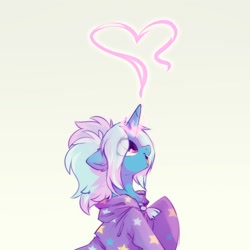 Size: 2000x2000 | Tagged: safe, artist:mirtash, trixie, pony, unicorn, alternate hairstyle, babysitter trixie, clothes, cute, diatrixes, female, gameloft, gameloft interpretation, heart, high res, hoodie, jacket, looking up, magic, magic aura, mare, open mouth, pigtails, simple background, solo, twintails, white background