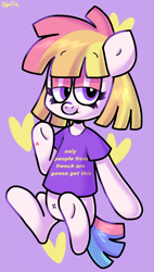 Size: 860x1516 | Tagged: safe, artist:spritecranbirdie, toola roola, toola-roola, earth pony, pony, belly button, chill, clothes, eyebrows, eyebrows visible through hair, french, grammar error, hoof heart, levitation, magic, shirt, smiling, smiling at you, t-shirt, telekinesis, tired