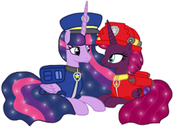 Size: 1398x1016 | Tagged: safe, alternate version, artist:徐詩珮, fizzlepop berrytwist, tempest shadow, twilight sparkle, alicorn, pony, unicorn, series:sprglitemplight diary, series:sprglitemplight life jacket days, series:springshadowdrops diary, series:springshadowdrops life jacket days, g4, the last problem, alicornified, alternate universe, background removed, base used, chase (paw patrol), clothes, cute, duo, ethereal mane, eyelashes, female, hat, helmet, lesbian, lying down, mare, marshall (paw patrol), older, older tempest shadow, older twilight, older twilight sparkle (alicorn), paw patrol, paw prints, princess twilight 2.0, prone, race swap, ship:tempestlight, shipping, simple background, smiling, starry mane, tempesticorn, transparent background, twilight sparkle (alicorn), ultimate twilight