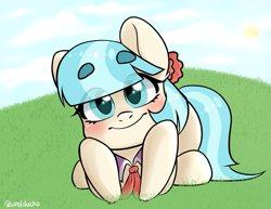 Size: 2115x1637 | Tagged: safe, artist:cottonsweets, coco pommel, earth pony, pony, g4, blushing, cocobetes, cute, eye clipping through hair, female, grass, looking at you, mare, prone, smiling, smiling at you, solo