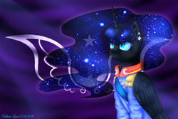 Size: 3600x2400 | Tagged: safe, artist:brilliant-luna, nightmare moon, alicorn, pony, g4, clothes, commander, ear fluff, ear piercing, ethereal mane, female, flag, high res, lineless, new lunar empire, piercing, serious, serious face, solo, starry mane, uniform