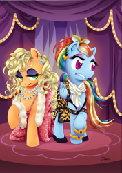Size: 900x1273 | Tagged: safe, artist:tarkron, applejack, rainbow dash, earth pony, pegasus, pony, g4, alternate hairstyle, applejack also dresses in style, clothes, dress, duo, ear piercing, earring, eyeshadow, feather boa, forced makeover, jewelry, lost bet, makeover, makeup, piercing, rainbow dash always dresses in style, signature, tomboy taming