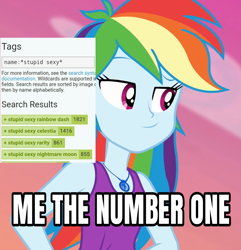 Size: 1039x1080 | Tagged: safe, edit, edited screencap, screencap, rainbow dash, derpibooru, equestria girls, g4, my little pony equestria girls: choose your own ending, wake up!, wake up!: rainbow dash, caption, clothes, cropped, cute, dashabetes, engrish, female, geode of super speed, image macro, magical geodes, meta, sexy, sleeveless, smiling, smirk, solo, stupid sexy rainbow dash, tags, tank top, text