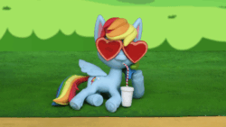 Size: 1280x720 | Tagged: safe, screencap, rainbow dash, pegasus, pony, g4.5, my little pony: stop motion short, the great race (short), animated, cup, drinking, drinking straw, female, grass, mare, paper cup, relaxing, solo, stop motion, sunglasses