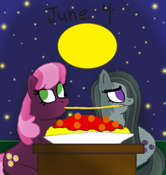 Size: 1280x1348 | Tagged: safe, artist:horroraceman93, cheerilee, marble pie, pony, g4, duo, female, food, lady and the tramp, lesbian, marbilee, night, pasta, pride month, shipping, spaghetti, spaghetti scene
