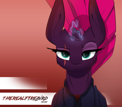Size: 3981x3508 | Tagged: safe, artist:therealf1rebird, fizzlepop berrytwist, tempest shadow, pony, unicorn, g4, armor, broken horn, eye, eyelashes, eyes, female, high res, horn, looking at you, magic, simple background, solo