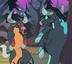 Size: 1341x1181 | Tagged: safe, screencap, lord tirek, queen chrysalis, ophiotaurus, frenemies (episode), g4, season 9, aroused, cropped, disguise, disguised changeling, female, heart, heart eyes, offscreen character, tongue out, wingding eyes