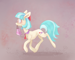 Size: 1280x1031 | Tagged: safe, artist:tu-kierownik, coco pommel, earth pony, pony, g4, abstract background, female, hurry, mare, mouth hold, running, simple background, solo, thousand yard stare, walking