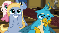 Size: 1920x1080 | Tagged: safe, screencap, blues, dark moon, fuchsia frost, gallus, goldy wings, graphite, noteworthy, earth pony, griffon, pony, unicorn, a horse shoe-in, g4, bored, claws, cute, cutie, female, friendship student, grin, head feathers, hooves on cheeks, male, mare, narrowed eyes, sitting, smiling, talons, teenager, unimpressed, varying degrees of want, young mare