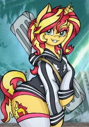 Size: 2857x4096 | Tagged: safe, artist:canvymamamoo, sunset shimmer, pony, unicorn, semi-anthro, g4, arm hooves, bedroom eyes, bipedal, city, clothes, cosplay, costume, eyeshadow, female, hoodie, kill la kill, lidded eyes, looking at you, makeup, mare, seductive, seductive look, sexy, smiling, socks, solo, stockings, stupid sexy sunset shimmer, thigh highs