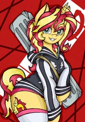 Size: 2857x4096 | Tagged: safe, alternate version, artist:canvymamamoo, sunset shimmer, pony, unicorn, semi-anthro, g4, abstract background, arm hooves, bedroom eyes, bipedal, clothes, cosplay, costume, eyeshadow, female, hoodie, kill la kill, lidded eyes, looking at you, makeup, mare, ryuko matoi, seductive, seductive look, sexy, smiling, socks, solo, stockings, stupid sexy sunset shimmer, thigh highs