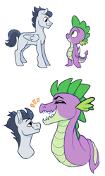 Size: 1074x1800 | Tagged: safe, artist:malphym, rumble, spike, dragon, pegasus, pony, g4, eyes closed, gay, male, older, older rumble, older spike, open mouth, ship:rumblespike, shipping, simple background, white background, winged spike, wings