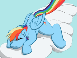 Size: 1280x960 | Tagged: safe, artist:frostclaw, rainbow dash, pony, g4, atg 2020, backwards cutie mark, cloud, cute, dashabetes, newbie artist training grounds, on a cloud, sleeping, sleeping on a cloud