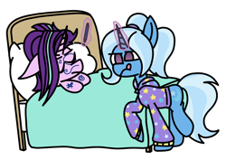 Size: 1880x1332 | Tagged: safe, artist:rainbowbacon, starlight glimmer, trixie, pony, unicorn, g4, alternate hairstyle, babysitter trixie, bed, clothes, face doodle, hoodie, levitation, magic, marker, pillow, telekinesis