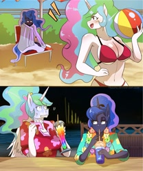 Size: 2835x3402 | Tagged: safe, artist:traupa, princess celestia, princess luna, alicorn, anthro, between dark and dawn, absolute cleavage, beach, beach ball, belly button, bikini, blushing, brain freeze, breasts, busty princess celestia, busty princess luna, cleavage, clothes, cold, drink, drinking straw, female, food, night, ocean, open mouth, ponytail, royal sisters, siblings, sisters, sorbet, swimsuit, umbrella, vacation