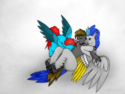 Size: 3968x2976 | Tagged: source needed, safe, artist:azomix44, oc, oc only, oc:jasper splash, oc:messier, oc:yutaka deo, hippogriff, banana wings, high res, petting, pinned down