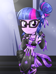 Size: 1800x2400 | Tagged: safe, artist:artmlpk, sci-twi, twilight sparkle, equestria girls, g4, adorable face, adorasexy, adorkable, alternate hairstyle, bare shoulders, beautiful, beret, black skirt, boots, bow, choker, clothes, costume, cute, design, digital art, dork, evening gloves, female, gloves, hair bun, hat, long gloves, looking at you, midriff, ninja, outfit, ribbon, sexy, shoes, skirt, sleeveless, smiling, smiling at you, socks, solo, sports bra, thigh boots, thigh highs, thighs, topless, twiabetes, watermark