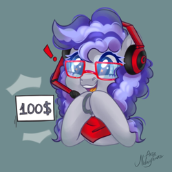 Size: 1000x1000 | Tagged: safe, artist:ariamidnighters, oc, oc only, oc:cinnabyte, adorkable, bandana, bits, cinnabetes, commission, cute, donation, dork, frog (hoof), gaming headset, headphones, headset, hooves together, icon, money, smiling, underhoof
