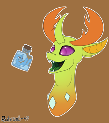 Size: 1600x1800 | Tagged: safe, artist:rubiont, thorax, trixie, changedling, changeling, pony, unicorn, g4, bottle, bulges, changeling king, fangs, imminent vore, king thorax, mawshot, open mouth, pony in a bottle, sharp teeth, shrunk, swallowing, teeth, throat bulge, trixie prey