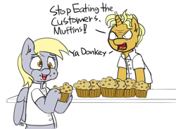 Size: 800x586 | Tagged: safe, artist:pabbley, edit, derpy hooves, gourmand ramsay, pegasus, pony, unicorn, g4, alternate name, angry, crumbs, cute, ear fluff, eating, female, food, gordon ramsay, grammar, mare, minor edit, muffin, ponified, that pony sure does love muffins, yelling