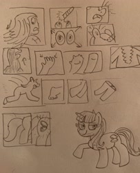 Size: 3024x3725 | Tagged: safe, artist:13mcjunkinm, citrus blush, oc, oc:james "jimmy" thomas hook, human, pony, unicorn, fanfic:a compact tale, g4, background pony, character to character, fanfic art, high res, human to pony, male to female, rule 63, traditional art, transformation, transformation sequence, transgender transformation