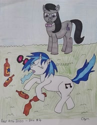 Size: 899x1156 | Tagged: safe, artist:rapidsnap, dj pon-3, octavia melody, vinyl scratch, earth pony, pony, unicorn, g4, beer bottle, drool, drunk, newcastle brown ale, passed out, sleeping, snoozing on floor, snoring, spilled drink, traditional art, unamused, unconscious