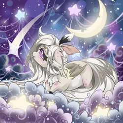 Size: 3000x3000 | Tagged: safe, artist:rico_chan, oc, bat pony, pony, beanbrows, chibi, cloud, comet, commission, crescent moon, eyebrows, fluffy, high res, moon, smiling, solo, space, stars, ych result