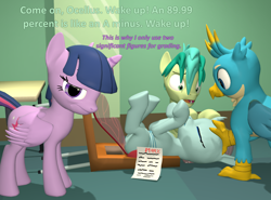 Size: 1462x1080 | Tagged: safe, artist:red4567, gallus, ocellus, sandbar, twilight sparkle, alicorn, changedling, changeling, earth pony, griffon, pony, g4, 3d, atg 2020, faint, looking at you, newbie artist training grounds, source filmmaker, test, twilight sparkle (alicorn), twilight sparkle is not amused, unamused