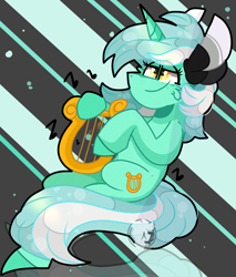 Size: 1700x2000 | Tagged: safe, artist:jxst-starly, lyra heartstrings, pony, unicorn, g4, abstract background, cheek fluff, female, lyre, mare, musical instrument, solo