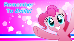 Size: 3840x2160 | Tagged: safe, artist:game-beatx14, artist:sollace, edit, pinkie pie, earth pony, pony, g4, female, high res, mare, show accurate, smiling, solo, text, wallpaper, wallpaper edit