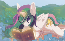 Size: 1365x861 | Tagged: safe, artist:rammn, princess celestia, alicorn, pony, g4, book, cute, cutelestia, female, flower, glasses, magic, mare, one eye closed, prone, reading, solo, telekinesis