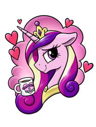 Size: 3000x4000 | Tagged: safe, artist:selenophile, princess cadance, oc, alicorn, pony, g4, bust, canon x oc, coffee, coffee mug, commission, female, floppy ears, heart, implied oc, lidded eyes, looking at you, mare, mug, shipping, simple background, solo, transparent background