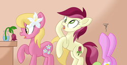 Size: 2500x1284 | Tagged: safe, artist:notadeliciouspotato, daisy, flower wishes, lily, lily valley, roseluck, earth pony, pony, g4, atg 2020, derp, drama queen, faint, female, flower, flower trio, frown, hoof on head, legs in air, mare, newbie artist training grounds, open mouth, rose, shocked, table, the horror, trio, trio female, vase