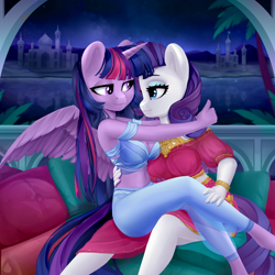 Size: 4000x4000 | Tagged: safe, artist:shooshaa, rarity, twilight sparkle, alicorn, saddle arabian, unicorn, anthro, g4, absurd resolution, arms around neck, bracelet, clothes, cushion, dress, duo, eye contact, female, harem outfit, jewelry, lesbian, looking at each other, mare, midriff, necklace, palm tree, pants, river, saddle arabia, saddle arabian outfit, see-through, ship:rarilight, shipping, sitting, sitting on lap, tree, twilight sparkle (alicorn)