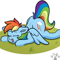 Size: 1980x1980 | Tagged: safe, artist:yelowcrom, rainbow dash, pegasus, pony, g4, ear fluff, eyes closed, face down ass up, female, mare, passed out, solo, tongue out, wings