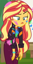 Size: 387x742 | Tagged: safe, screencap, sunset shimmer, equestria girls, equestria girls specials, g4, my little pony equestria girls: better together, my little pony equestria girls: sunset's backstage pass, belt, canvas, clothes, cropped, cute, female, forest background, geode of empathy, grass, jacket, jewelry, leather jacket, lidded eyes, long sleeves, looking down, magical geodes, music festival outfit, necklace, outdoors, paint, pants, raised eyebrow, shimmerbetes, shirt, shrunken pupils, unamused, wavy hair