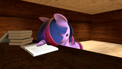 Size: 1920x1080 | Tagged: safe, artist:scout_guy, twilight sparkle, alicorn, pony, g4, 3d, atg 2020, book, eyes closed, female, mare, newbie artist training grounds, passed out, sleeping, solo, source filmmaker, twilight sparkle (alicorn)