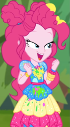 Size: 473x849 | Tagged: safe, screencap, pinkie pie, equestria girls, equestria girls specials, g4, my little pony equestria girls: better together, my little pony equestria girls: sunset's backstage pass, beads, canvas, clothes, cropped, curly hair, cute, diapinkes, dress, female, forest background, geode of sugar bombs, gold, grass, hairband, happy, jewelry, lidded eyes, magical geodes, open mouth, outdoors, paint, pants, short sleeves, smiling, waistband, wristband