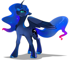 Size: 6400x5200 | Tagged: safe, artist:mylittlegodzilla, princess luna, alicorn, pony, g4, beautiful, commission, curved horn, ethereal mane, ethereal tail, female, floppy ears, flowing mane, flowing tail, frown, glare, glowing eyes, horn, implied nightmare moon, looking at you, mare, simple background, solo, standing, starry mane, starry tail, unshorn fetlocks, wings