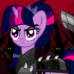 Size: 800x800 | Tagged: safe, artist:php185, king sombra, twilight sparkle, g4, alternate timeline, armor, crystal war timeline, glowing eyes, offscreen character, soldier, solo focus, traitor, traitor sparkle, twilight is anakin