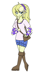 Size: 1280x2276 | Tagged: safe, artist:iamsheila, oc, oc only, oc:lemon blossom, equestria girls, g4, blue eyes, fashion, flower, flower in hair, full body, purse, reference, simple background, solo, transparent background, yellow