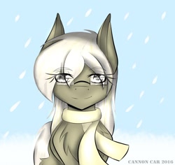 Size: 848x800 | Tagged: safe, artist:cannoncar, oc, oc only, oc:chelley, pony, clothes, female, glasses, mare, scarf, signature, smiling, snow, solo