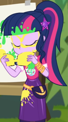 Size: 473x844 | Tagged: safe, screencap, sci-twi, twilight sparkle, equestria girls, equestria girls series, g4, sunset's backstage pass!, spoiler:eqg series (season 2), canvas, clothes, collar, cropped, cute, eyes closed, female, forest, geode of telekinesis, glasses, grass, hairclip, jewelry, magical geodes, messy, music festival outfit, outdoors, paint, pants, ponytail, short sleeves, skirt, solo, twiabetes, wrist wraps