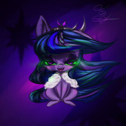 Size: 1080x1080 | Tagged: safe, artist:sheillyde, twilight sparkle, pony, unicorn, g4, armor, bevor, cape, chestplate, clothes, color change, corrupted, corrupted twilight sparkle, crown, dark, dark equestria, dark magic, dark queen, dark world, darkened coat, evil, female, glowing horn, gorget, horn, jewelry, magic, necklace, open mouth, peytral, possessed, purple background, queen twilight, queen twilight sparkle, regalia, simple background, solo, sombra eyes, sombra's cape, sombra's robe, tiara, twilight is anakin, tyrant sparkle, unicorn twilight
