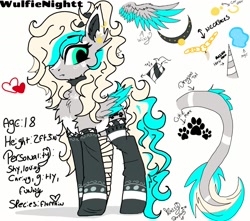 Size: 1360x1200 | Tagged: safe, artist:_wulfie, oc, oc only, oc:wulfie, alicorn, pony, alicorn oc, bandage, chest fluff, clothes, collar, female, heart, horn, injured, jewelry, leonine tail, mare, necklace, paw prints, reference sheet, socks, solo, wings